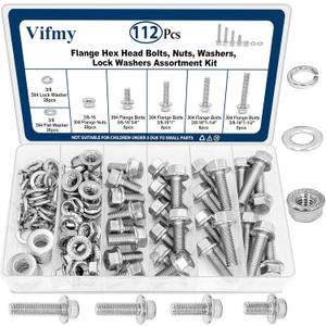 3/8-16 Bolt x (Length 3/4", 1", 1-1/4", 1-1/2") 304 Stainless Steel Flange Head Bolts Assortment Kit (112 Pack) with 3/8 16 Bolt, Serrated Flange Nuts, Washers, Full Thread