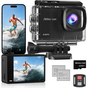 4K 60FPS Action Camera with 64GB Card-48MP Waterproof Camera,40M Underwater Camera,8X Zoom,EIS Stabilization,WiFi,Remote Control,MotorcycleCamera with 2 Rechargeable Batteries