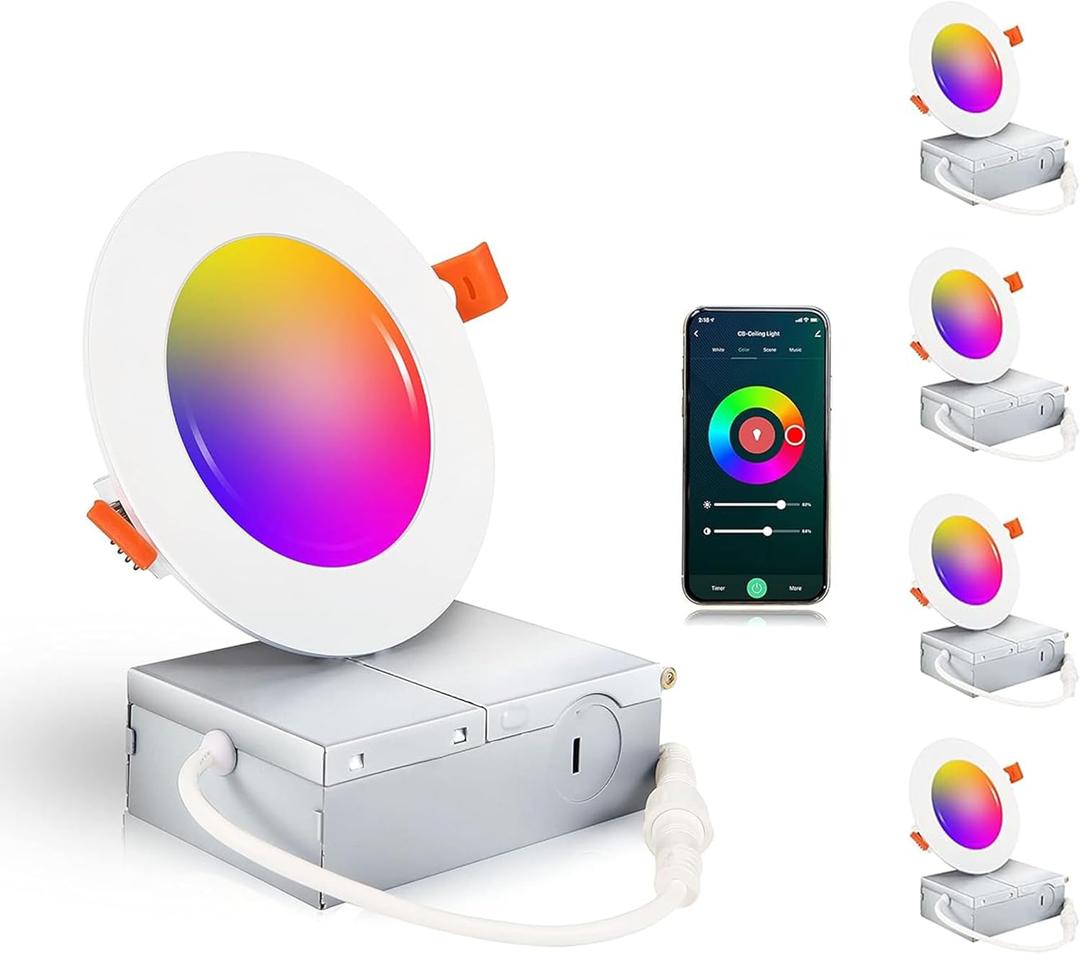 CLOUDY BAY [4 Pack] 4inch Smart WiFi LED Recessed Lights,RGBCW Color Changing Recessed Lighting,Compatible with Alexa and Google Home Assistant,No Hub Required,10W 2700K-6500K,CRI90+ Wet Location (White)