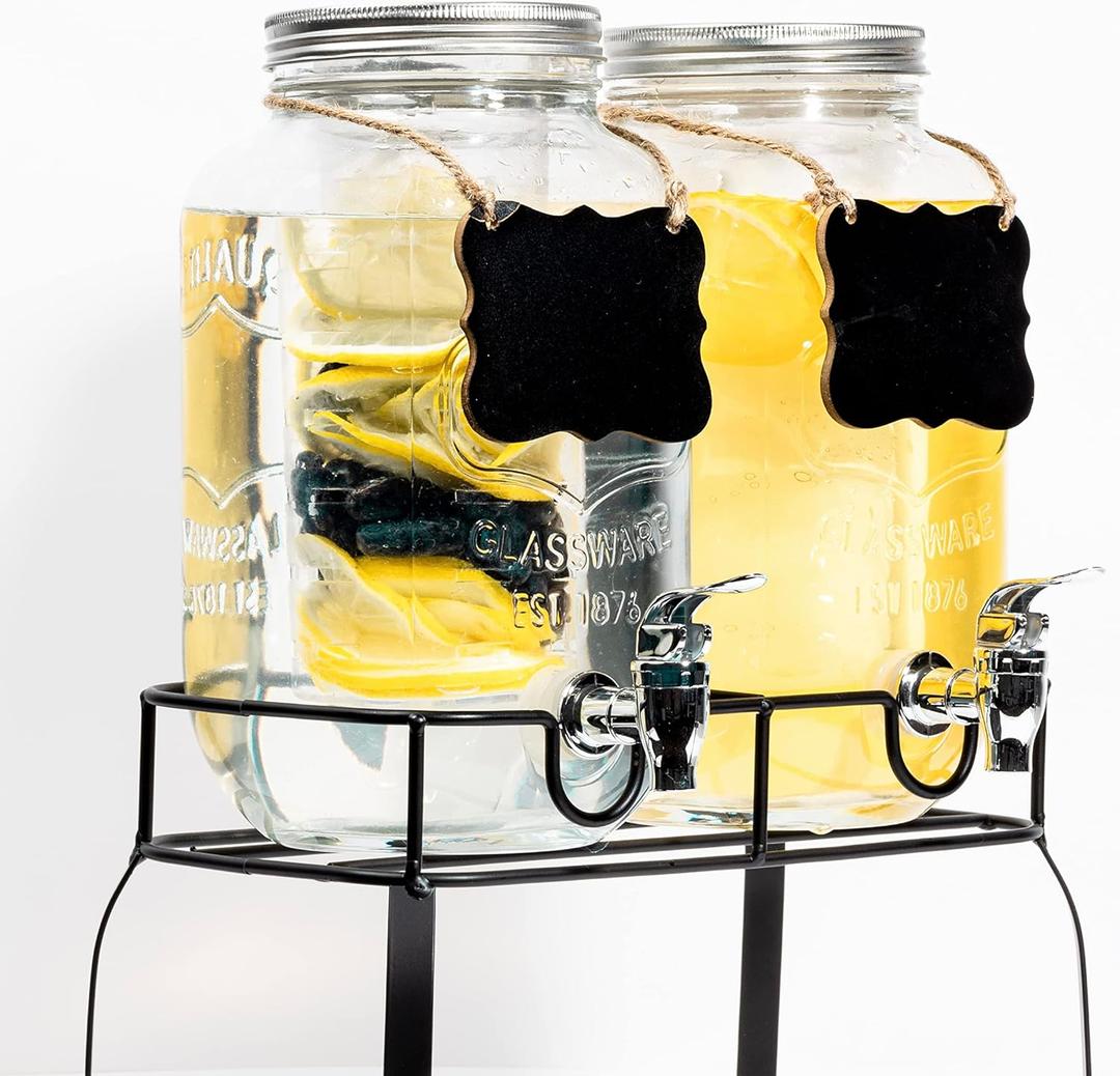OMINA- 2Pack Glass Beverage Dispenser with Stand, Drink Dispenser with Fruit Infuser & Ice Cylinder Included, Plastic Leakproof Spigot, 1 Gallon Each One|25 Drink,Juice dispensers for parties
