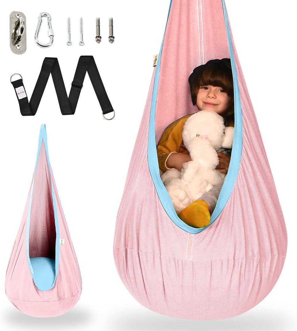 OUTREE Kids Pod Swing Seat, Cotton Child Hammock Swing Chair, Sensory Swing for Indoor and Outdoor Use, Macaron Pink