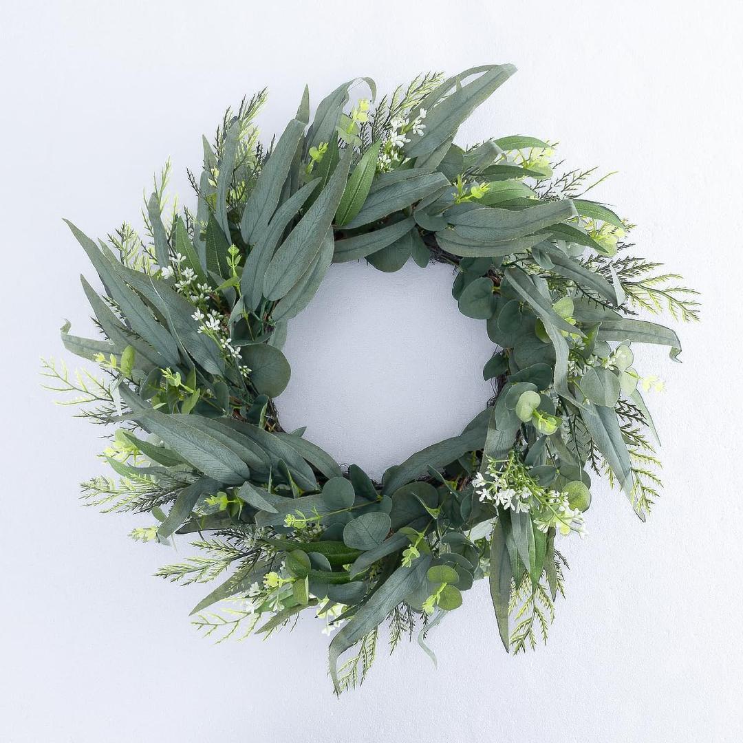 Seasons 22 inch Eucalyptus Wreath for Front Door, Artificial Spring & Summer Wreath with Greenery Leaf for Farmhouse, Wall, Window or Wedding Home Decor (Green)