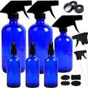 Youngever 5 Pack Empty Cobalt Blue Glass Spray Bottles Refillable Containers, 16 oz 8 oz 4 oz Spray Bottles for Essential Oils, Cleaning Products, Durable Black Trigger Sprayer Fine Mist and Stream