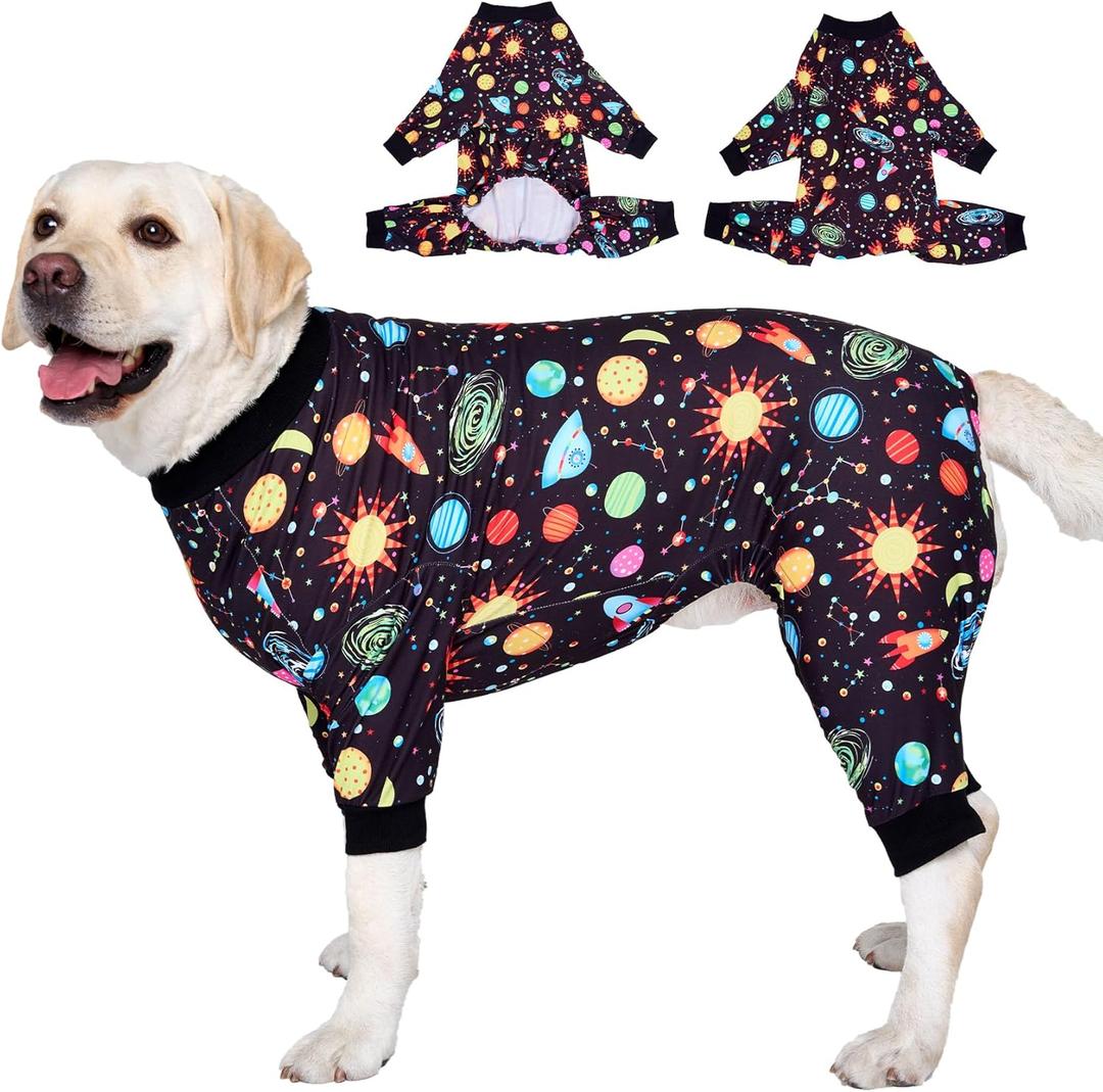 LovinPet Big Dogs Onesies: Big Dog Pajamas, Post Surgery/Wound Care, Lightweight Stretchy Fabric, Interstellar Black Print, Dog Jumpsuit, Anti Licking, Pet PJ's/XL