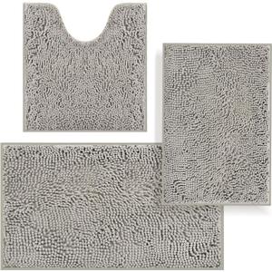 Bathroom Rugs Sets 3 Piece, Bath Mats for Bathroom Non Slip, Thick Chenille Bath Rug, Soft and Absorbent Shaggy Bathroom Mat Set, Machine Wash & Quick Dry Durable Carpet for Bath, Kitchen, Dry Grey (16"x24"+20"x32"+U Shape 20"x20")