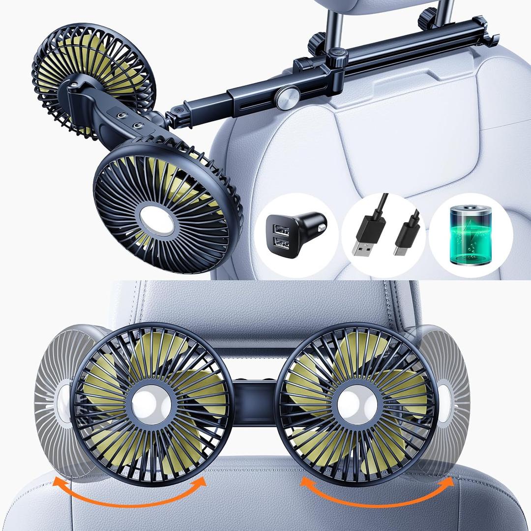 Battery Fan for Car Backseat Kids with Retractable Long Arm, Rechargeable Car Seat Fan That Blow Cold Air for Dogs [Comes with Car Charger &USB C Cable*1] Separate Control for Vehicles SUV RV