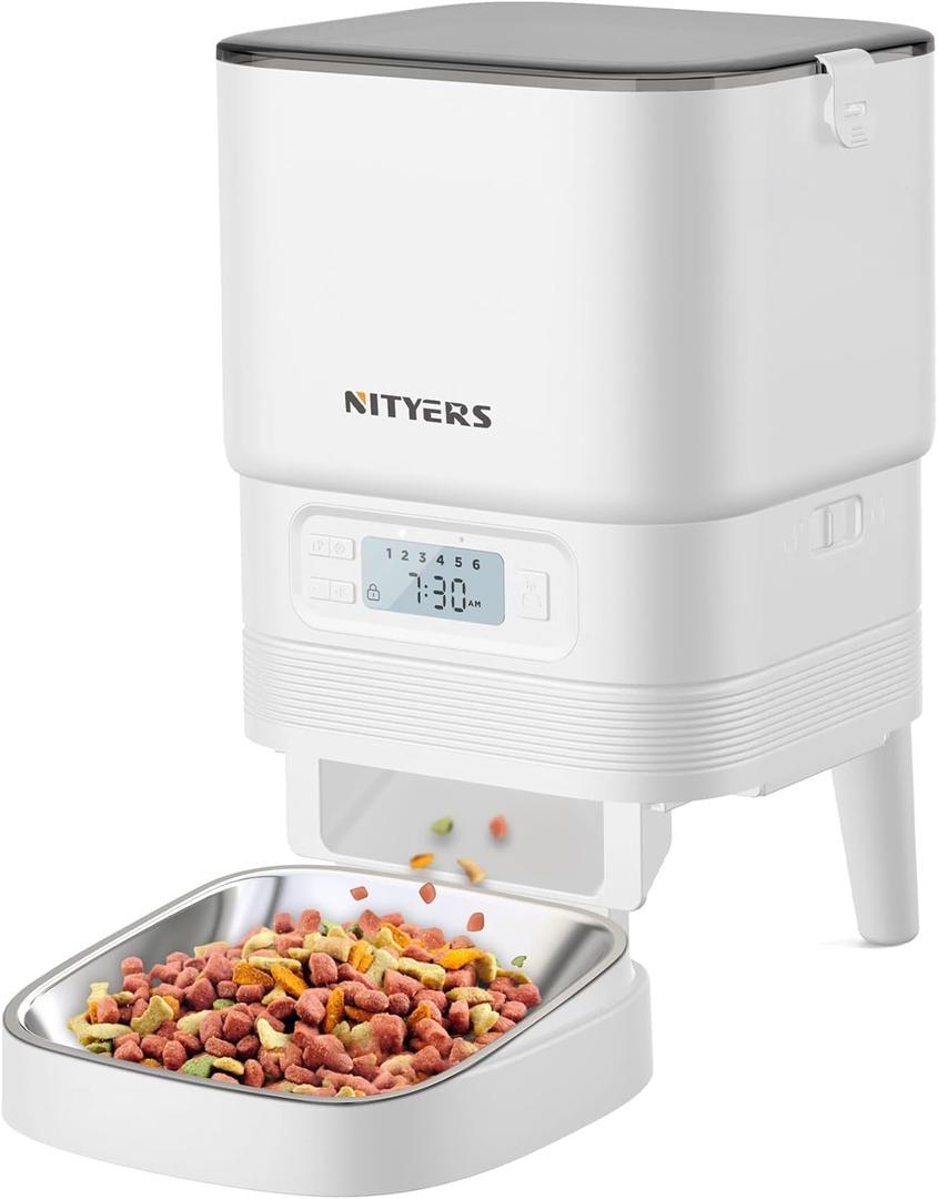 Automatic Cat Feeders - Nityers 4L Dog Automatic Feeders with Stainless Steel Bowl,1-6 Meals Per Day, Programmable Portion Size, Detachable Washable, Auto Pet Feeder for Cats and Dogs (White)