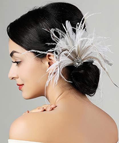 Chmier Bridal 1920s Flapper Feather Hair Clip Pin Crystal White Feather Roaring 20s Headpiece Prom Party Festival Hair Jewelry for Women