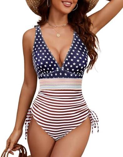 Century Star Tummy Control Swimsuits for Women 1 One Piece Bathing Suit Full Coverage Shapewear Slimming Color Block Swimwear, Size M, American Flag