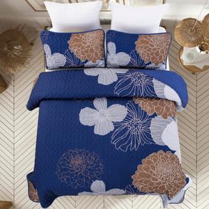 Anibedding Floral Bedspread Quilt Set King 3 Pieces-Navy Blue Bohemian Floral Quilt Coverlet Set Soft Microfiber Lightweight Quilted Bedspread with Pillow Shams for All Season 104"x90"