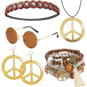 kasahara 5 Pcs Hippie Costume Accessories for Women 60s 70s Hippie Outfit Gifts Headband Peace Sign Necklace Earrings Bracelet Sunglasses