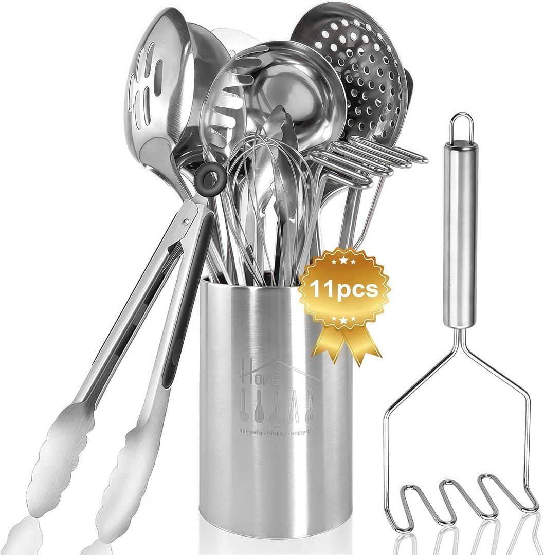 Cooking Utensils Set 11pcs - Stainless Steel Kitchen Utensils Set with Holder, Heat Resistant Kitchen Utensils Sets for Cooking with Turners, Potato Masher, Skimmer, Spoons, Ladle, Tongs, Whisk