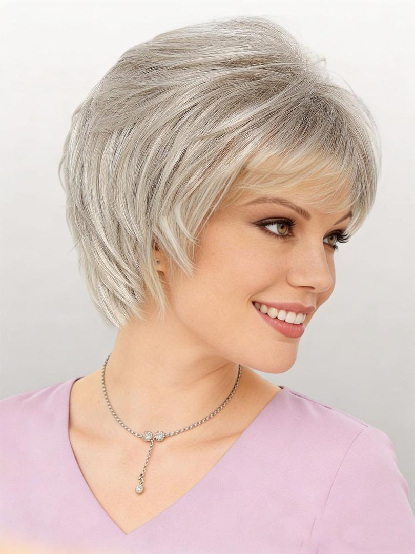Platinum Blonde Pixie Cut Wig with Bangs Bob Wigs for White Women Natural Looking Synthetic Platinum Wig Layered Short Haircuts Wigs for Women with Thin Hair/Grey Hair Covery Daily Party Use