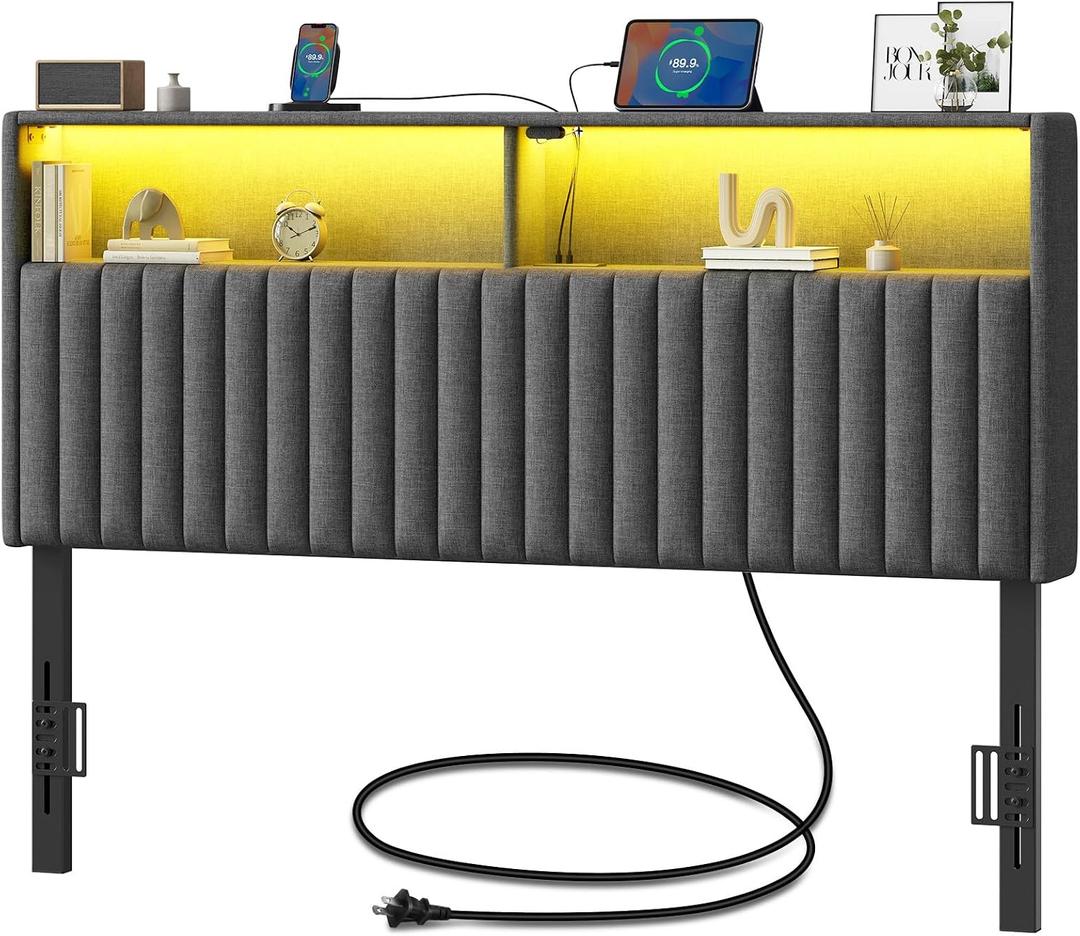 Rolanstar Headboard for Queen Size Bed with Storage, Head Board with USB & Type C Port, 60,000 DIY Color of LED Light, Velvet Upholstered, Height Adjustable, Sturdy, Easy Assembly, Grey
