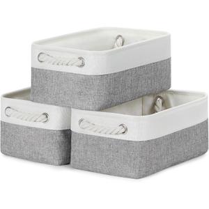Bidtakay Small Baskets Fabric Storage Baskets for Organizing 3-Pack 12x8x5 Inch Collapsible Storage Bins for Shelves Canvas Bins for Closet Organization Home Baskets Storage Linen Closet S-White&Grey