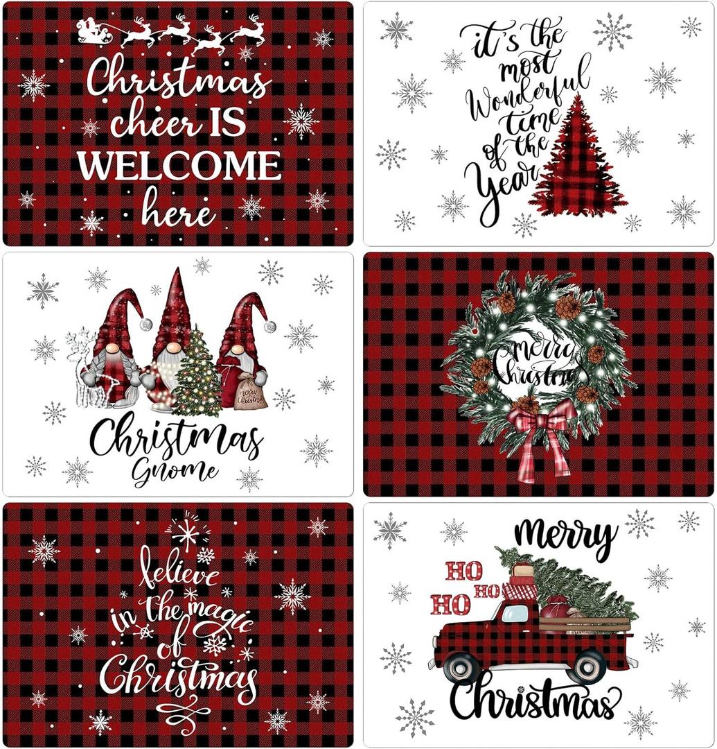 Set of 6 Buffalo Plaid Christmas Placemats 17 x 12'' Red and Black Plaid Placemats Plastic Table Mats Wipeable Washable Vinyl Table Mats for Kitchen Xmas Holiday Dining Party Home Decor Gift