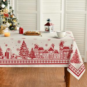 Horaldaily Christmas Tablecloth 60120 Inch Rectangular, Red Snow House Pine Trees Washable Table Cover for Party Picnic Dinner Decor