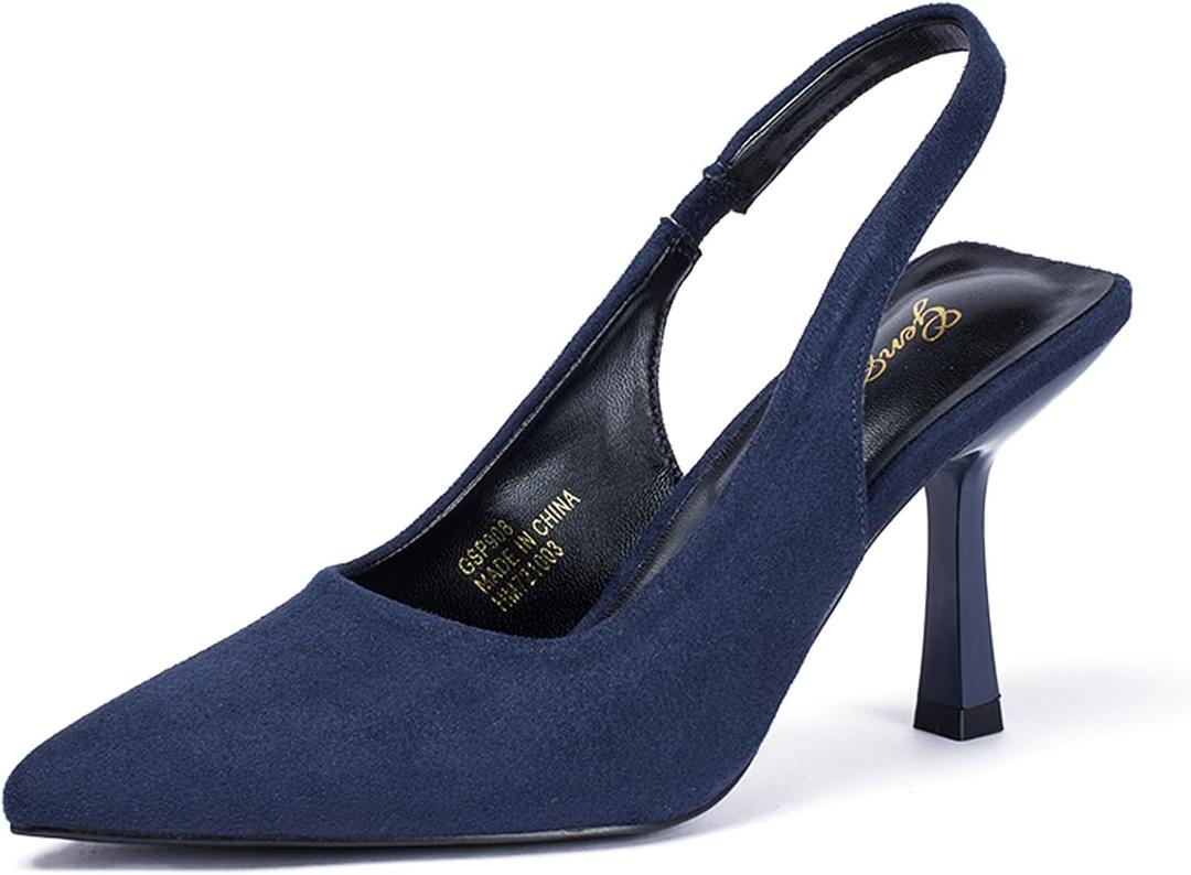 GENSHUO Women's Slingback Kitten Heel Pointed Closed Toe Stiletto Pumps Slip on Elastic Strap Wedding Party Dress Sandals Shoes (8, Navy Blue Suede)