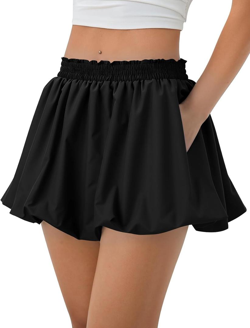 COZYPOIN Womens Bubble Skirt Boho Elastic High Waisted Cute Ruffle Puffy Balloon Shorts Y2K Going Out Mini Skorts Pockets(Black-XL)