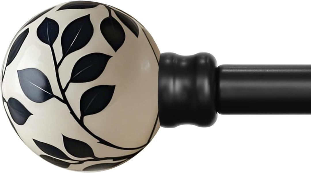 Ceramic Black Curtain Rods for Windows 28 to 48 Inches Adjustable Length Heavy Duty 1" Diameter Window Curtain Rod with Modern Leaf Pattern Decorative Finials for Bedroom Kitchen Living Room