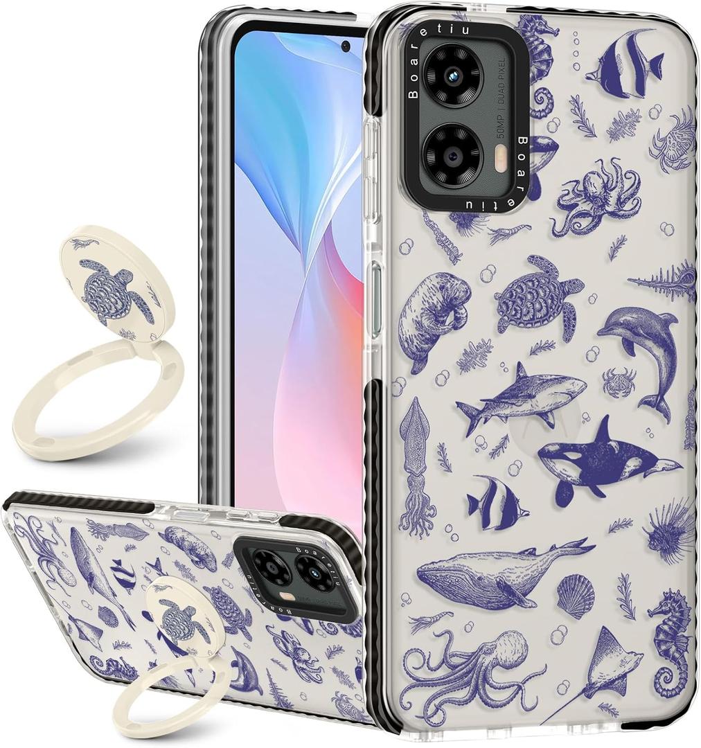 Boaretiu Cute Kawaii Case for Motorola Moto G 5G 2024 with Stand - Fashion Cool 360 Rotate Ring Holder Kickstand Design for Women Girls Boys Teens Girly Case for Moto G 5G, Fish