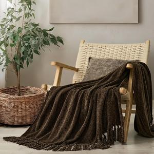 EverGrace Soft Chenille Throw Blanket for Couch, Cozy Plush Fuzzy Decorative Chenille Knit Throw Blanket with Tassels, Lightweight Blanket and Throws for Bed Sofa Gift Home Decor, Dark Brown 50"x60"
