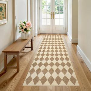 LIVEBOX Checkered Rug Runners for Hallways 2.5x8, Beige Non Slip Kitchen Washable Runner Rugs, Moroccan Plaid Indoor Carpet Runner for Entryway Bathroom Bedroom Laundry