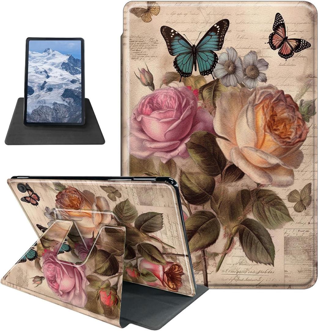 Butterflies and Roses Pattern Case for Kindle Fire HD 8 & Fire HD 8 Plus Tablet (12th/10th Generation,2024/2022/2020 Release),360 Degree Rotating Stand Protective Cover with Auto Sleep/Wake (HD8 2022, Butterflies And Roses)