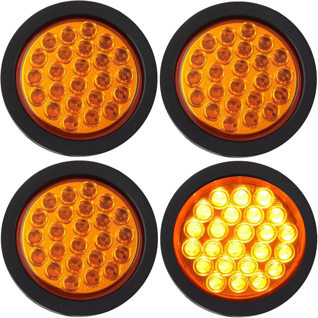 Partswcgg 4Pcs 4 Inch Round Amber Strobe Lights 24 LED Trailer Tail Lights with Stobe Solid Flash Patterns for Truck Towing Trailer Lamps Warning Waterproof w/Grommets and 3 Prong Plug 10V-30V