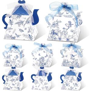 24Pcs Mini Blue and White Flower Party Gift Box Tea Party Teapot Candy Box with Chinoiserie Floral Printed Party Supplies For Wedding Bridal Birthday Baby Shower Treat Box for Tea Party Decor