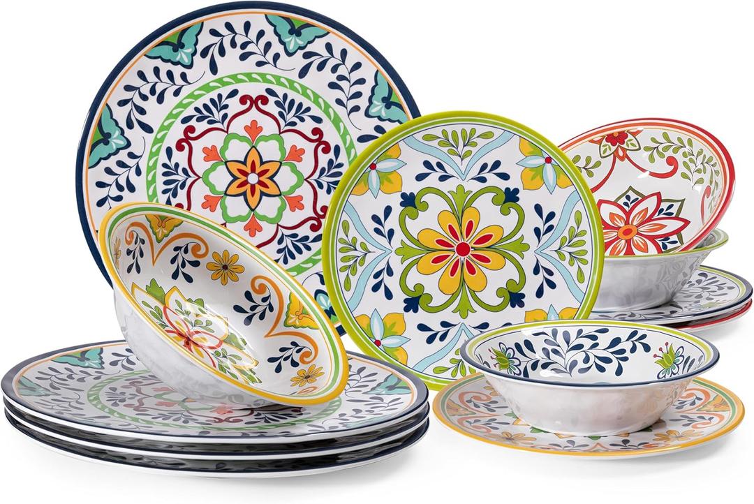 12 pcs Talavera Melamine Dinnerware Set, Service for 4 Melamine Plates and Bowls Set, Unbreakable Dishes Dinnerware Set, Great for RVs, Camping, BPA Free and Dishwasher Safe