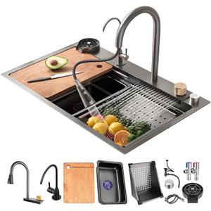 Stainless steel kitchen sinks single bowl above and under counter basins multifunctional black sink with waterfall pull out faucet and glass washer and accessories(Gray,80 * 45 * 20CM)