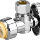 Stop Valves, 1/2"  3/8" Angle Stop Valve, 1/2" PTC Input, 3/8" OD Compression Output, Push to Connect, 1/4 Turn, Chrome Plated Brass for Faucet, Toilet Valves, No Lead