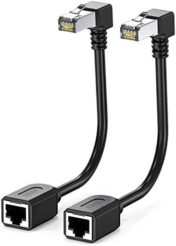 JUXINICE 2Pack Cat6 Extension Cable 90 Degree 10cm-4inch,CAT 6 Ethernet Extender Right Angle RJ45 Network Patch Cord Male to Female Adapter Downward Angle