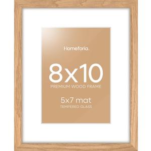 Homeforia 8 x 10 Wood Picture Frame, High End Natural Oak 8x10 Light Wooden Frames with Mat 5x7 inch Photo, 8 x 10 Frame Matted to 5 x 7 Art, Wall or Tabletop Frame, Tempered Glass, Wall Kit, Set of 1