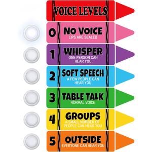 6PCS School Push Lights Voice Level Poster Sticker for Classroom Tap Light Voice Chart Monitor Rules Sign Decor for Teachers,Crayon-Shaped Style