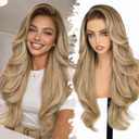 Eawwii 13x4 HD Lace Front Glueless Wigs for Women Ombre Blonde Long Layered Wave Wig Natural Hairline Heat Resistant Synthetic for Daily Use Beginner Friendly 26 Inch