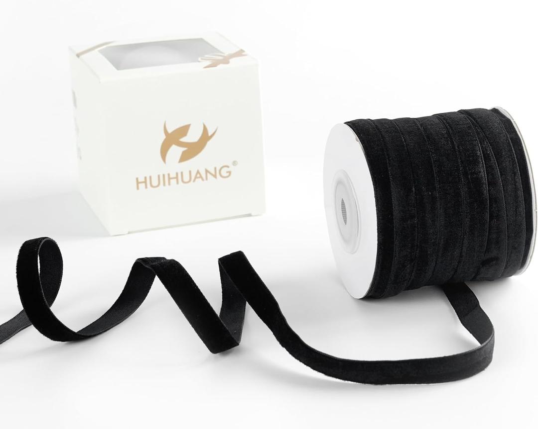 HUIHUANG Black Velvet Ribbon 3/8 inch x 25 Yards Single Face Velvet Ribbon for Gift Wrapping, Christmas Tree Ornaments, Wreath Decor, Invitations, Hair Bows, Flower Bouquet, Home Decor, Halloween