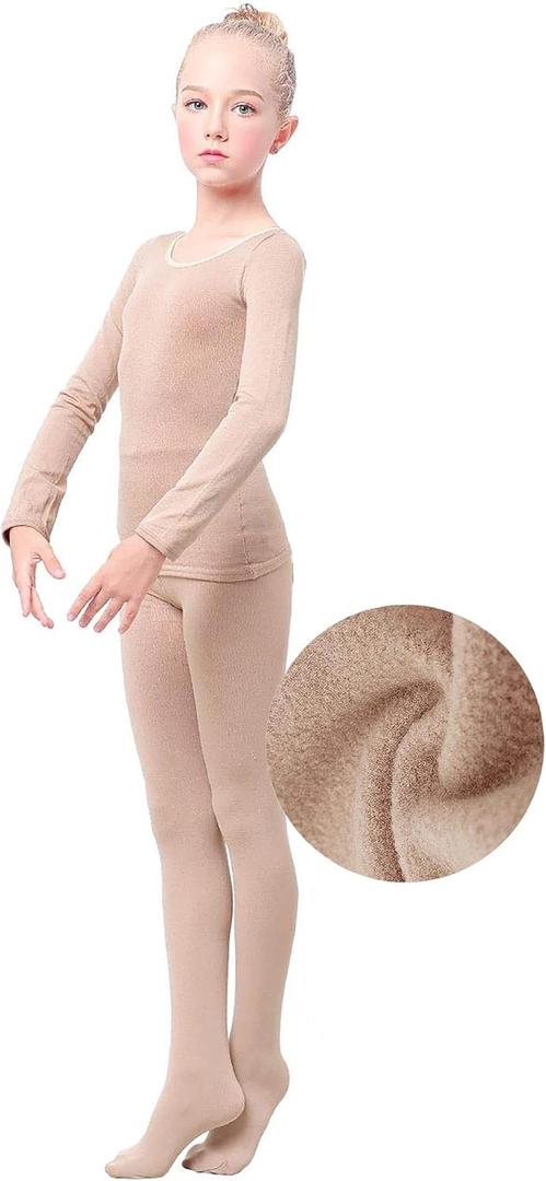 Daydance Nude Kids Girls Base Layers Set Tan Active Undergarments for Dance, Ballet, Gymnastics, Performance in Winter (3T / 4T, Nude-fleece Lined)