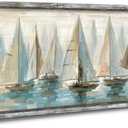 Beach Ocean Framed Wall Art: Sailboat Pictures Coastal Wooden Painting Seaside Prints Seascapes Artwork for Bedroom(40x20)