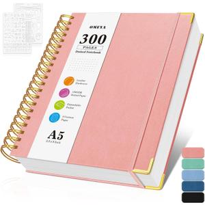 Bullet Dotted Journal Spiral Notebook, 300 Pages Leather Notebooks with Contens, 120 GSM Thick No Bleed Through Paper Journals, A5 Dot Grid Notebook for Women Men School Work Writing, 5.5" x 8", Pink