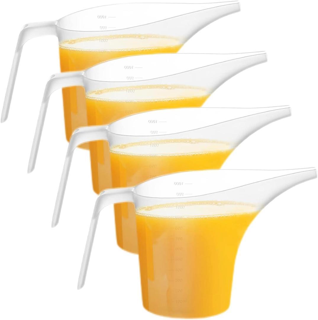 4 Pack Plastic Funnel Pitcher,Measuring Cup with Long Spout,Large Capacity Easy Pour Cup,Perfect for Bakeware Mold,Oils,Watering Plants(1000ml)