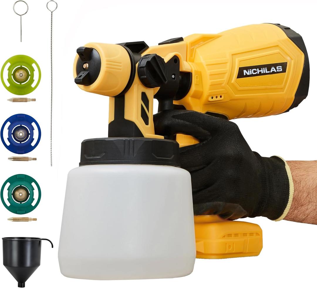Cordless Paint Sprayer Compatible with DEWALT 20V MAX Battery, HVLP 1000ML Spary Paint Gun with 3 Patterns, 4 Size Copper Nozzles (Battery NOT Include)