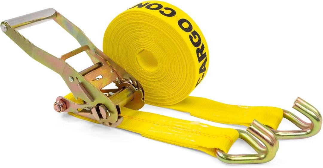 US Cargo Control Wire Hook Ratchet Strap 2 Inch x 30 Foot, 10,000 LBS Break Strength, Ratchet Straps Heavy Duty with Double J Hooks, Cargo Tie Downs for Flatbed Trailers and Trucks (Yellow)