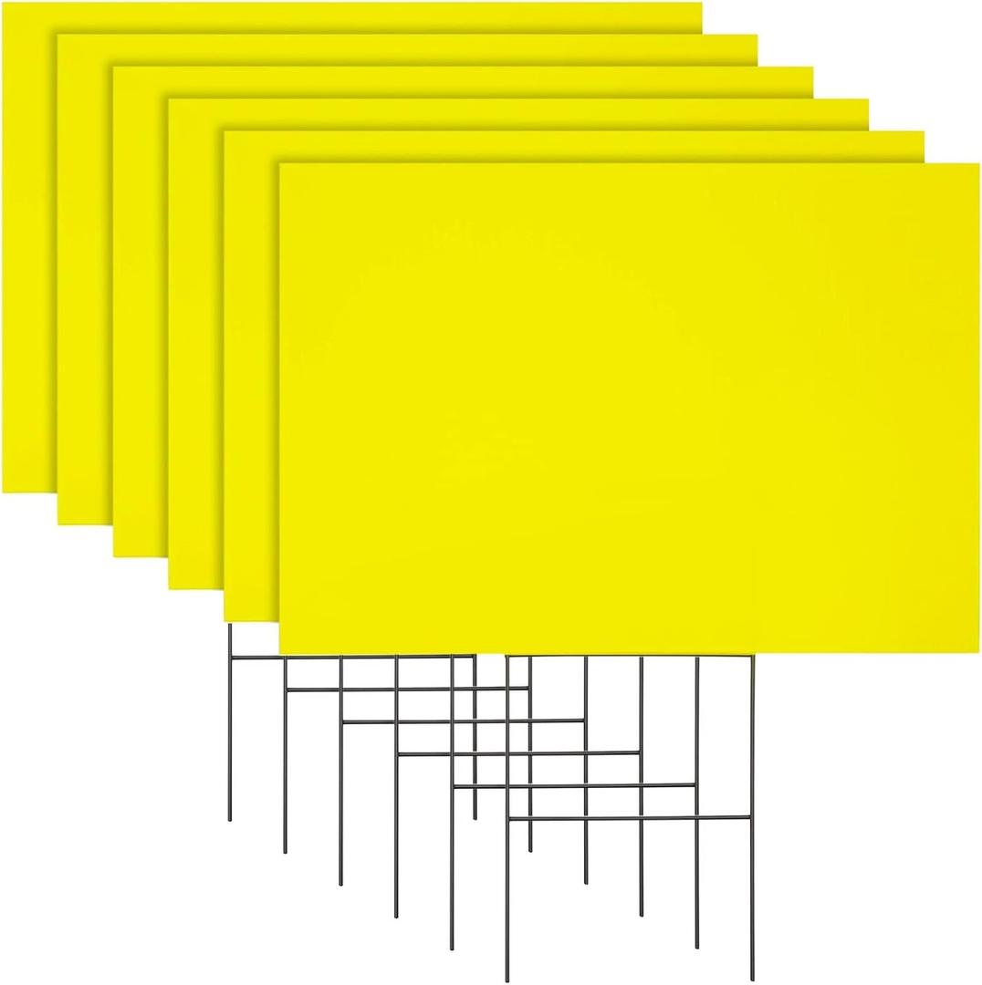6 Pack Blank Corrugated Plastic Yard Signs w/Stakes 17x12 for Outdoor, Garage Sale Supplies, Estate Sale, Open House, Birthday, Lawn, 4mm Thick Neon Yellow Blank Yard Signs with Stakes