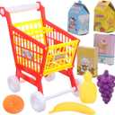 Kids Early Education Play Cart Toy Set - Fun Grocery Shopping Cart with Fake Fruits and Vegetables for Toddlers (Red)
