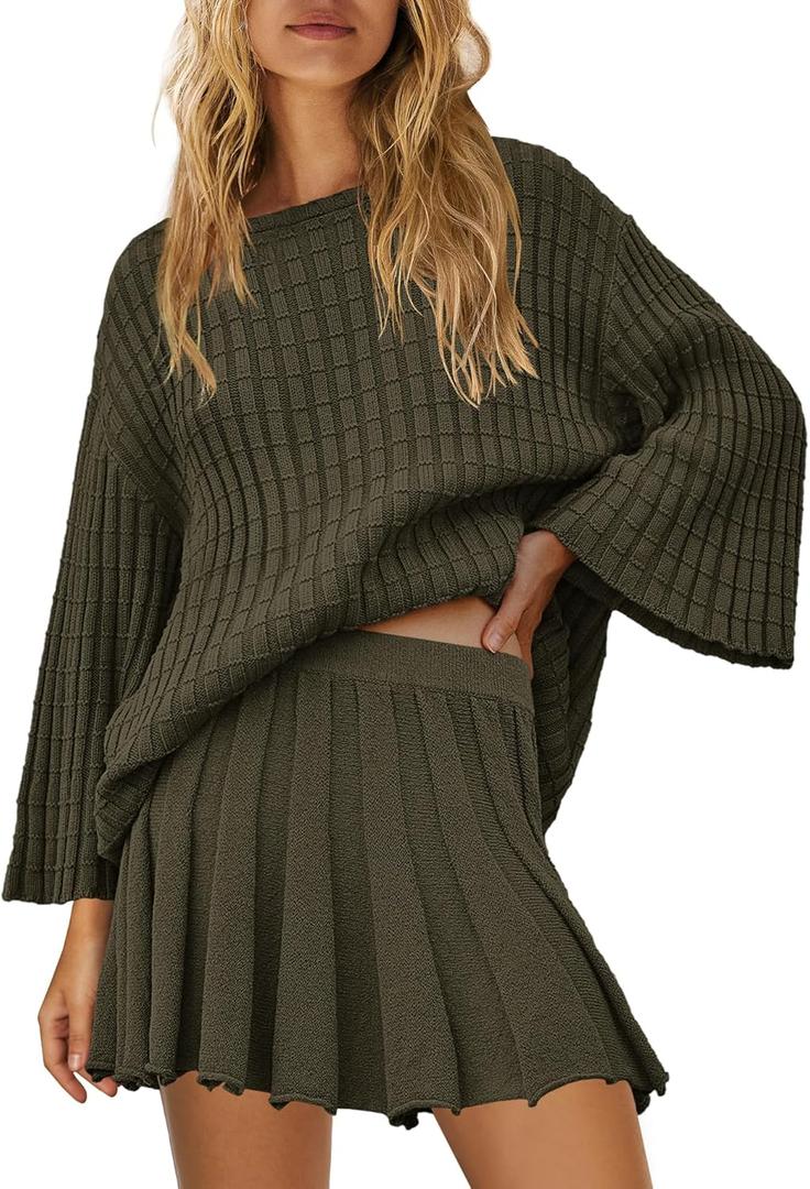 Yanekop Womens 2 Piece Sweater Skirt Set Loose Matching Lounge Sets Comfy Pajamas Set Long Sleeve Top and Skirt Sets (Green, XS)