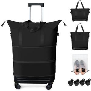 Rolling Duffel Bag with Detachable Wheels & Handle,Expandable Foldable Travel Duffle Bag,Carry on Luggage Large Tote Bag for Gym Overnight Weenkend Trip(Black)