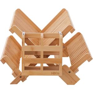 HBlife Bamboo Dish Drying Rack with Utensils Flatware Holder Set, 3-Tier Large Folding Drying Holder for Kitchen Counter, Collapsible Drainer