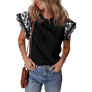 SELINK Womens Summer Ruffle Short Sleeve Top Crewneck T Shirts Floral Trim Casual Blouses Black-L